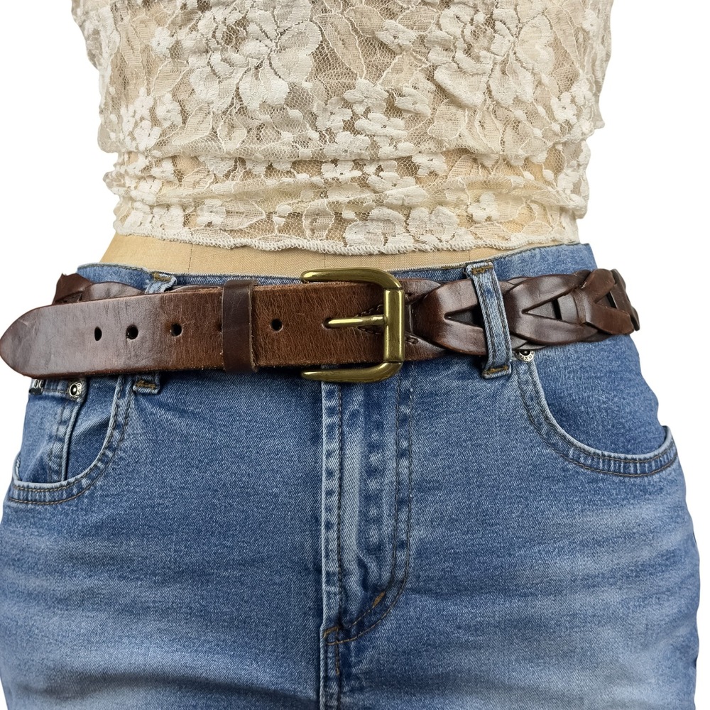 90s Western Braided Leather Belt Brass Buckle Dark Brown Boho Rustic Size 42